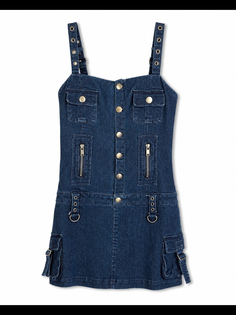 Papaya Y2K Denim Cargo Mini Dress XS Grommet Strap Utility Moto
